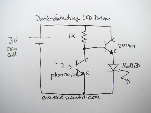 Нашей отправной точкой является простейшая светодиодная схема: светодиодная экранирующая лампа, светодиод которой подключен непосредственно к литиевой ячейке 3 В