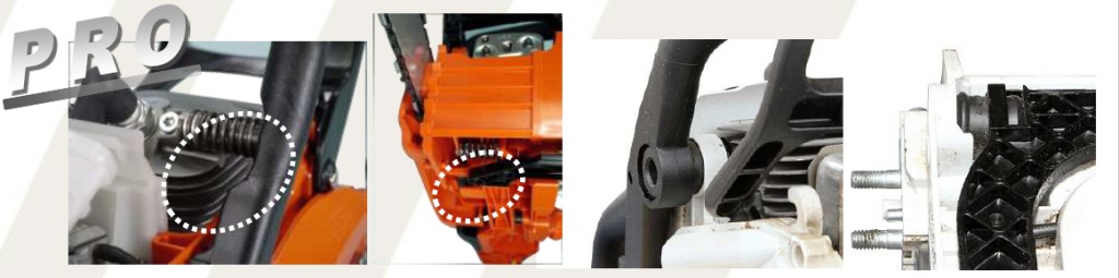 Найпростіша антивібраційна система бензопили є комплект прокладок з товстої гуми, які розташовані між корпусом інструменту і його рукояткою