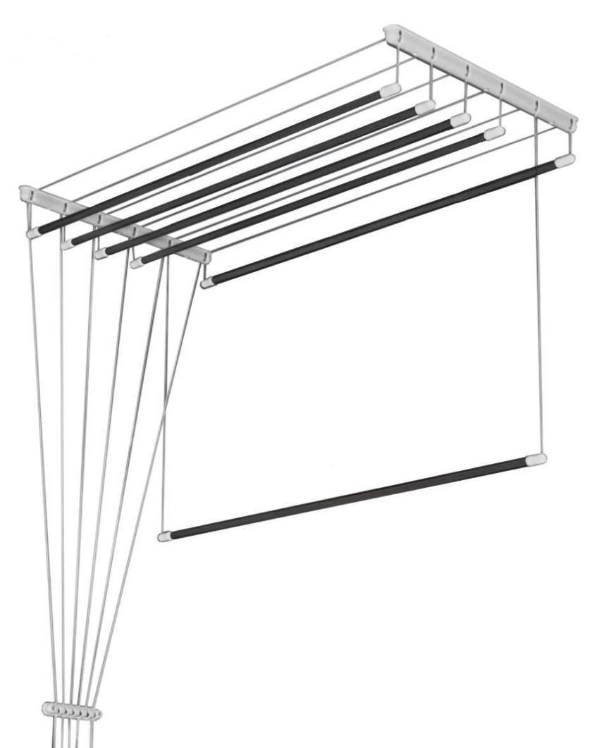 Стельова сушка для білизни на балкон додатково оснащена спеціальним фіксатором, який дає можливість опускати і піднімати прути конструкції